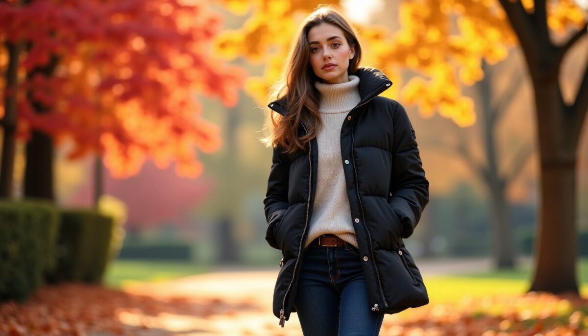 Style automnal élégant : comment combiner doudoune, jean, bottines et maille avec sophistication